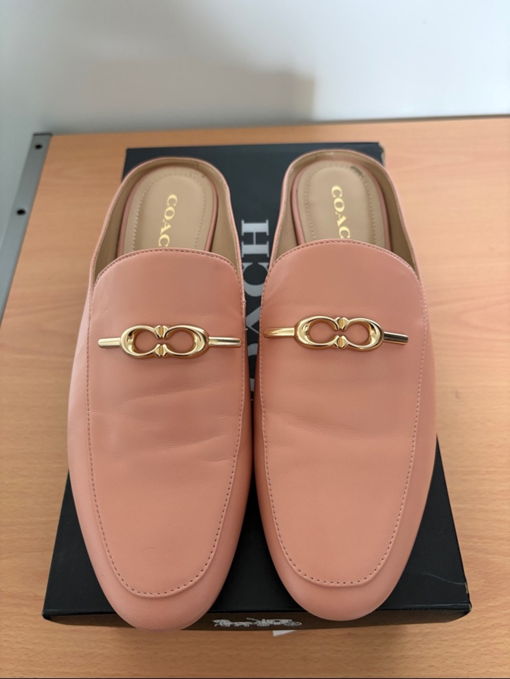 Coach Blush Pink Leather Slide Loafers with Gold Accent